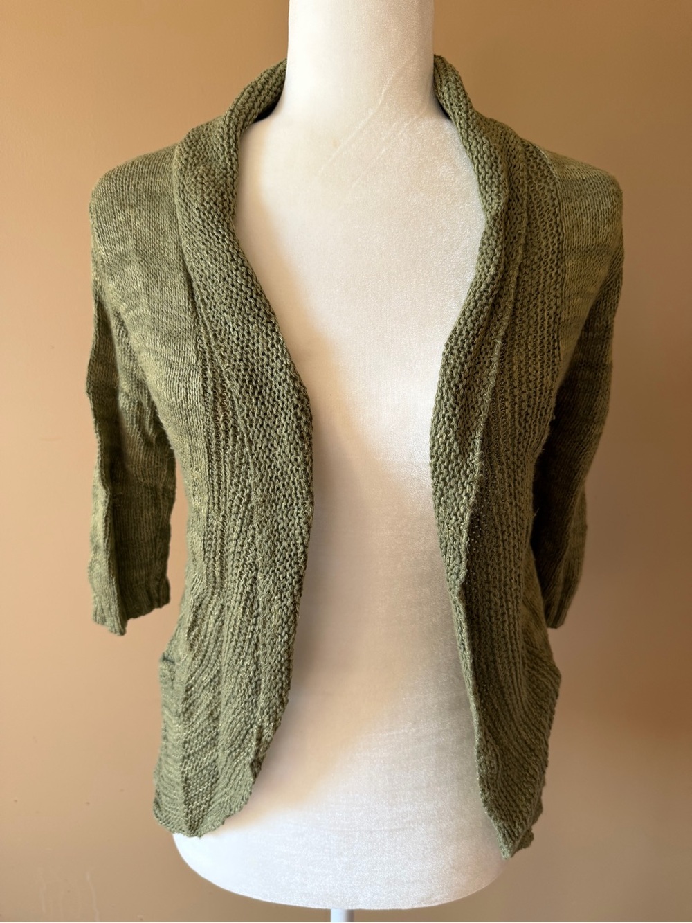 Absolutely Creative Worldwide Green Knit Shawl Collar Open Cardigan Sweater